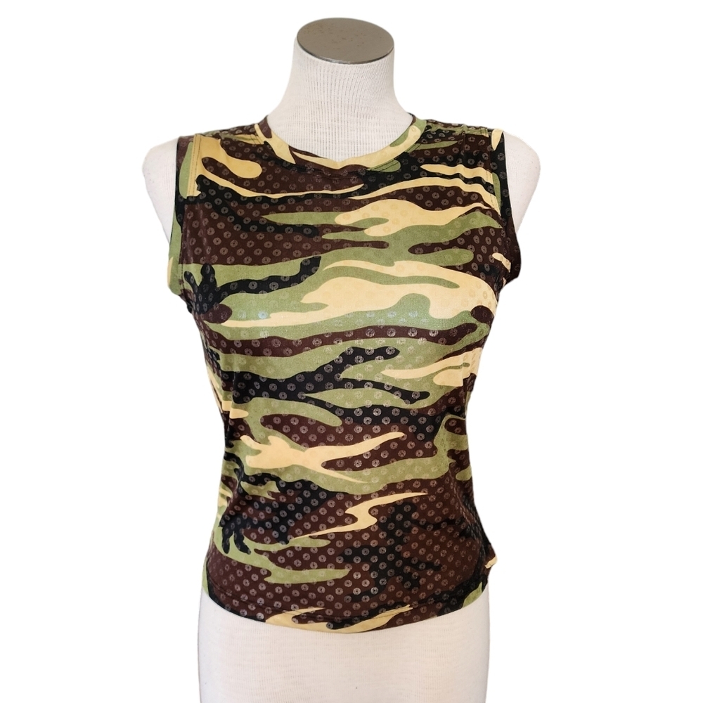 Camo Print Iridescent Crew Neck Shimmering Green & Brown Top Size S NWOT